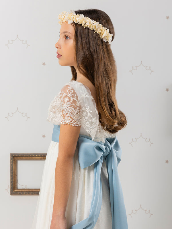 Vestido de comunión puntilla lazo azul