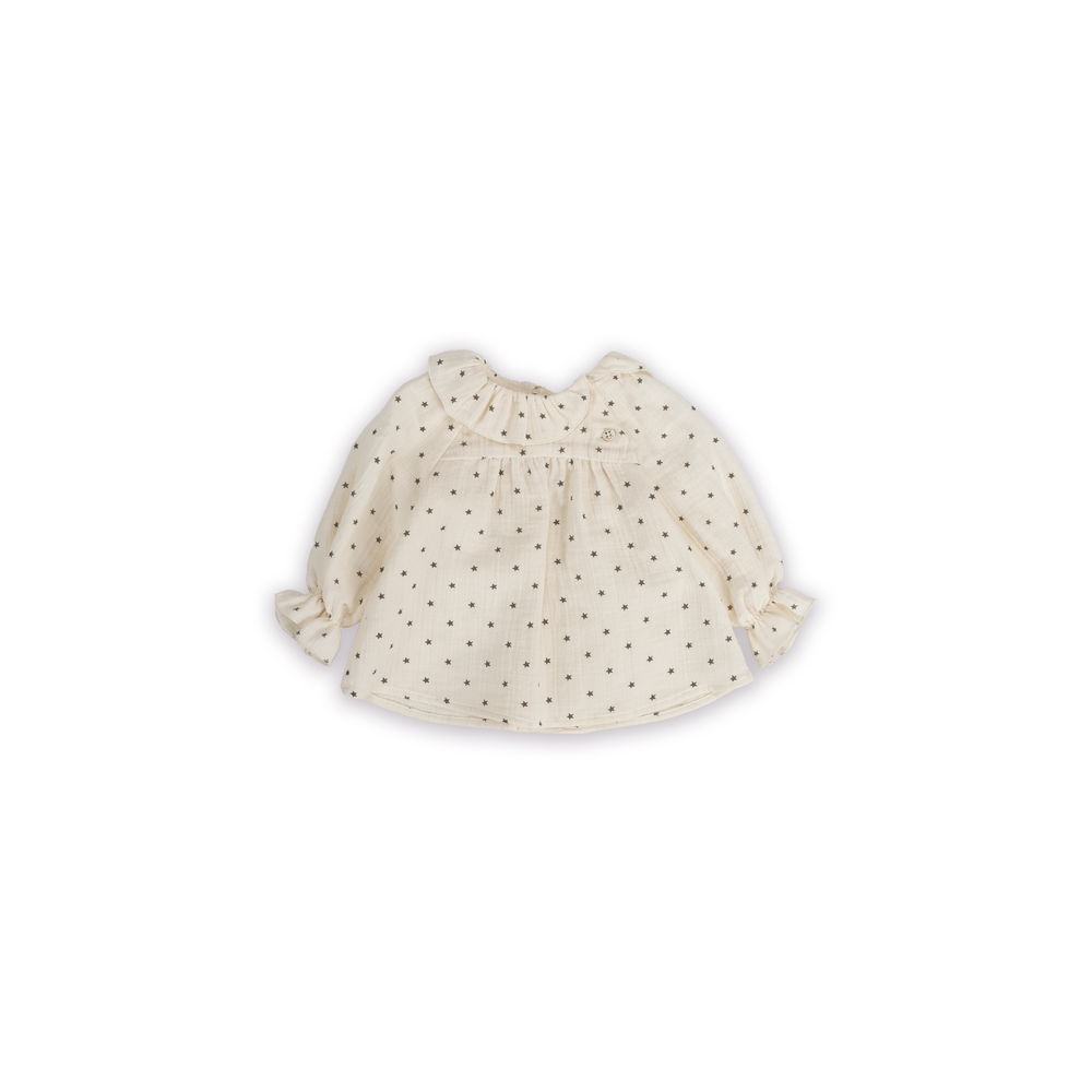 BLUSA CUELLO VOLANTE ESTAMPADO ESTRELLAS CREMA